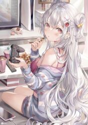 Rule 34 | 1girl, bare shoulders, breasts, candy, cellphone, controller, food, food-themed hair ornament, game controller, hair between eyes, hair ornament, highres, hiyori (momoko), holding, holding candy, holding controller, holding food, holding game controller, indoors, long hair, long sleeves, looking at viewer, looking back, medium breasts, momoko (momopoco), off shoulder, original, parted lips, phone, pink hair, sitting, smartphone, solo, strawberry hair ornament, two side up, white hair, x hair ornament