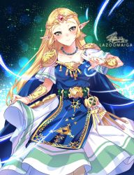 Rule 34 | 1girl, bead necklace, beads, blonde hair, blue eyes, blush, bracer, cape, circlet, cosplay, dress, earrings, forehead jewel, gloves, gown, highres, jewelry, lazoomaiga, long hair, looking at viewer, necklace, nintendo, pointy ears, princess zelda, simple background, smile, solo, super smash bros., the legend of zelda, the legend of zelda: a link between worlds, the legend of zelda: breath of the wild, tiara, triforce