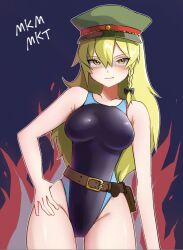 Rule 34 | 1girl, belt, black bow, black one-piece swimsuit, blonde hair, blue background, blush, bow, braid, breasts, brown belt, character name, closed mouth, commentary request, contrapposto, cookie (touhou), cowboy shot, expressionless, fire, green hat, hair between eyes, hand on own hip, hat, highres, kirisame marisa, long bangs, long hair, looking at viewer, medium breasts, mikami makoto, military hat, one-piece swimsuit, peaked cap, pouch, pura (aiueo256375), shiny skin, side braid, single braid, solo, swimsuit, touhou, yellow eyes