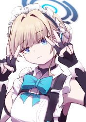 Rule 34 | absurdres, apron, bare shoulders, black gloves, blonde hair, blue archive, fingerless gloves, gloves, halo, highres, looking at viewer, maid, maid apron, maid headdress, mangotonic, simple background, toki (blue archive), white background