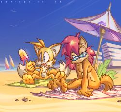 Rule 34 | animal ears, archie comics, barefoot, beach, breasts, edtropolis, feet, furry, nude, ocean, outdoors, popsicle, sally acorn, smile, soles, sonic (series), spread toes, sunglasses, tail, tails (sonic), toes, zenra