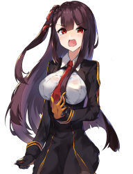 Rule 34 | 1girl, between breasts, blouse, breasts, collared shirt, cowboy shot, eyebrows, fang, ginon (sjyh3466), girls&#039; frontline, gloves, hair between eyes, highres, long hair, looking at viewer, necktie, necktie between breasts, pantyhose, purple hair, red eyes, red necktie, shirt, side ponytail, simple background, solo, wa2000 (girls&#039; frontline), white background, white shirt