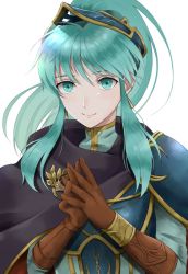 Rule 34 | 1girl, alternate hairstyle, aplche, aqua eyes, aqua hair, armor, breastplate, brown gloves, cape, cosplay, earrings, eirika (fire emblem), ephraim (fire emblem), ephraim (fire emblem) (cosplay), fire emblem, fire emblem: the sacred stones, fire emblem heroes, gloves, hair ornament, highres, jewelry, long hair, looking at viewer, nintendo, official alternate costume, own hands together, ponytail, shoulder armor, sidelocks, smile, solo, upper body, white background