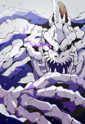 Rule 34 | black sclera, blurry, blurry background, colored sclera, commentary request, digimon, digimon (creature), glowing, glowing eye, grey background, highres, horns, looking at viewer, monster, no humans, open mouth, sharp teeth, single horn, skull, skullgreymon, solo, taoru (towtowru), teeth, upper body