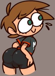 Rule 34 | 1boy, ahoge, animal crossing, ass, bike shorts, black shirt, brown background, brown hair, bulge, closed mouth, clothes writing, constricted pupils, cowboy shot, cropped legs, flying sweatdrops, from behind, green eyes, looking to the side, male focus, nervous, nintendo, red trim, shiny clothes, shirt, short hair, short sleeves, sidelocks, simple background, smile, solo, standing, swept bangs, vilepluff, villager (animal crossing), wide-eyed