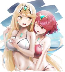 Rule 34 | 2girls, absurdres, beach, bikini, blonde hair, breasts, chest jewel, earrings, gem, highres, jewelry, large breasts, lilcat, long hair, multiple girls, mythra (xenoblade), pyra (xenoblade), red eyes, red hair, short hair, swimsuit, tiara, xenoblade chronicles (series), xenoblade chronicles 2