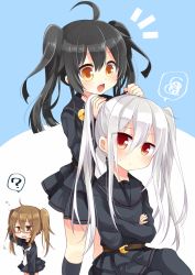 Rule 34 | 10s, 3girls, :d, ?, ahoge, alternate hairstyle, belt, black hair, black legwear, black serafuku, black skirt, blue background, blush, brown eyes, brown hair, commentary request, crescent, crescent pin, crossed arms, eyes visible through hair, glasses, hair between eyes, hairdressing, kantai collection, kikuzuki (kancolle), long hair, long sleeves, mikazuki (kancolle), mochizuki (kancolle), multiple girls, nagasioo, necktie, open mouth, pantyhose, pleated skirt, red-framed eyewear, red eyes, school uniform, semi-rimless eyewear, serafuku, skirt, smile, speech bubble, spoken question mark, spoken squiggle, squiggle, twintails, twintails day, two-tone background, under-rim eyewear, white background, white hair, yellow eyes