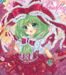 Rule 34 | 1girl, :d, brooch, bug, butterfly, floral background, frilled ribbon, frilled shirt collar, frilled skirt, frilled sleeves, frills, front ponytail, green eyes, green hair, hair between eyes, hair ribbon, head tilt, insect, jewelry, kagiyama hina, looking at viewer, marker (medium), medium hair, open mouth, orange brooch, pink background, pink ribbon, print skirt, puffy short sleeves, puffy sleeves, red ribbon, red skirt, ribbon, rui (sugar3), sample watermark, short sleeves, skirt, smile, solo, too many, too many frills, touhou, traditional media, watermark, wrist ribbon