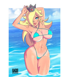 Rule 34 | 1girl, armpits, arms behind head, bikini, blonde hair, blue bikini, breasts, cleavage, gaqs!, hair over one eye, large breasts, lipstick, long hair, makeup, mario (series), navel, nintendo, rosalina, solo, swimsuit, tan, thick thighs, thighs, wet, wide hips