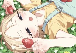 Rule 34 | 1girl, blonde hair, blue eyes, bouen, clover, commentary request, dual wielding, dutch angle, fang, field, flower, food, forehead, fruit, half-closed eyes, hands up, highres, holding, holding food, looking at viewer, lying, on back, on ground, open mouth, original, shirt, short hair, short sleeves, sideways, skin fang, smile, solo, strawberry, t-shirt, upper body, white flower, yellow shirt