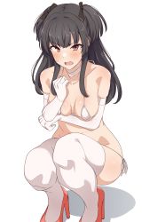 Rule 34 | 1girl, absurdres, antenna hair, arm under breasts, armpit crease, bare shoulders, bikini, black bow, black hair, blush, bow, breasts, brown eyes, collar, collarbone, elbow gloves, embarrassed, gloves, hand on own chest, high heels, highres, idolmaster, idolmaster shiny colors, long hair, looking at viewer, mayuzumi fuyuko, micro bikini, midriff, navel, open mouth, red footwear, seihekiog, sideboob, sidelocks, simple background, solo, squatting, sweatdrop, swimsuit, thighhighs, thighs, two side up, white background, white bikini, white collar, white gloves, white thighhighs