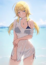 Rule 34 | 1girl, ahoge, amochin, beach, bikini, bikini under clothes, black bikini, blonde hair, blue sky, blurry, blurry background, blush, breasts, cleavage, closed mouth, clothes pull, collarbone, day, depth of field, hachimiya meguru, hair flaps, hair ornament, hairclip, half-closed eyes, idolmaster, idolmaster shiny colors, jewelry, large breasts, long hair, looking at viewer, low twintails, necklace, ocean, off shoulder, outdoors, see-through, see-through shirt, shirt, shy, side-tie bikini bottom, sky, solo, standing, star (symbol), star hair ornament, star necklace, stomach, swimsuit, thigh gap, thighs, twintails, water drop, wet, wet clothes, wet shirt