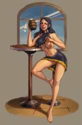 Rule 34 | 1girl, alcohol, barefoot, beer, beer mug, black hair, blanclauz, blue eyes, blush, breasts, cleft of venus, commentary, commission, crop top, crop top lift, cup, drunk, english commentary, eyewear on head, flashing, full body, glasses, halterneck, highres, large breasts, leg up, long hair, looking at viewer, midriff, mug, naughty face, navel, nico robin, nipples, no bra, no panties, nose, nose blush, one breast out, one piece, pussy, round table, sitting, solo, stool, swept bangs, table, teeth, uncensored, upper teeth only, upskirt, yellow-framed eyewear