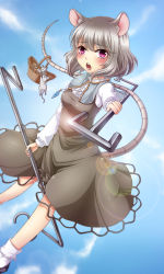 Rule 34 | &gt; &lt;, 1girl, animal ears, bad id, bad pixiv id, basket, blush, bobby socks, capelet, closed eyes, day, dowsing rod, dress, female focus, foreshortening, geike, highres, lens flare, mouse (animal), mouse ears, mouse tail, nazrin, open mouth, purple eyes, short hair, silver hair, sky, socks, solo, tail, touhou