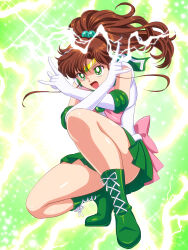 1girl back_bow bishoujo_senshi_sailor_moon boots bow brown_hair circlet cross-laced_footwear elbow_gloves floating_hair full_body gloves green_eyes green_footwear green_sailor_collar green_skirt hair_bobbles hair_ornament highres kino_makoto miniskirt open_mouth pink_bow pirochi pleated_skirt ponytail sailor_collar sailor_collar_lift sailor_jupiter sailor_senshi_uniform shiny_skin shirt skirt sleeveless sleeveless_shirt solo squatting white_gloves white_shirt