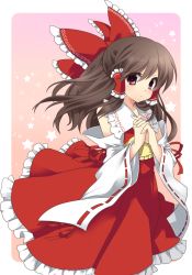 Rule 34 | 1girl, ascot, bad id, bad pixiv id, bow, brown hair, colorized, detached sleeves, etou (cherry7), female focus, hair bow, hakurei reimu, half updo, highres, japanese clothes, masaru.jp, miko, own hands clasped, own hands together, pink eyes, solo, touhou, yellow ascot