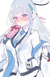 Rule 34 | 1girl, absurdres, blue archive, blue necktie, blush, candy, chocolate, dated, food, gift, headpiece, highres, jacket, melonpan (mimichi03), necktie, noa (blue archive), purple eyes, school uniform, signature, simple background, solo, valentine, white background, white hair, white jacket