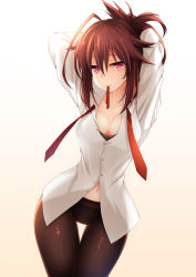 Rule 34 | 1girl, adjusting hair, ahoge, arms behind head, arms up, bra, breasts, brown hair, cleavage, cowboy shot, dress shirt, gradient background, healther, lace, lace-trimmed bra, lace trim, looking at another, mouth hold, navel, no pants, original, panties, panties under pantyhose, pantyhose, partially unbuttoned, red eyes, ribbon, ribbon in mouth, shirt, short hair, solo, tying hair, underwear