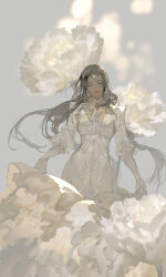 Rule 34 | 1girl, black hair, closed eyes, closed mouth, dress, earrings, flower, frilled dress, frills, gem, gloves, holding, holding clothes, ibuki satsuki, jewelry, layered dress, light rays, long dress, long hair, long sleeves, original, parted bangs, pearl (gemstone), puffy sleeves, solo, white dress, white flower, white gemstone, white gloves