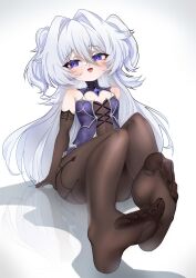Rule 34 | 1girl, blue eyes, blush, feet, highres, long hair, looking at viewer, open mouth, pantyhose, silver hair, soles, toes, twintails