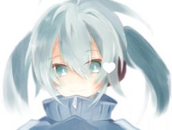 Rule 34 | 1girl, bloom, blue eyes, blue hair, blue jacket, ene (kagerou project), headphones, heart, ichino (momopamyu), jacket, kagerou project, long hair, matching hair/eyes, short hair, simple background, smile, solo, track jacket, twintails, white background
