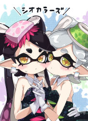 Rule 34 | 2girls, bare arms, bare shoulders, black dress, black hair, black jumpsuit, blush, bow-shaped hair, breasts, callie (splatoon), cleavage, collarbone, cousins, cross-shaped pupils, detached collar, dress, earrings, food, food on head, gloves, gradient hair, highres, hoop earrings, iku (wtu6pma7), inkling, jewelry, jumpsuit, marie (splatoon), medium breasts, mole, mole under eye, multicolored hair, multiple girls, nintendo, object on head, pointy ears, short dress, short jumpsuit, short ponytail, small breasts, splatoon (series), squid girl, strapless, strapless dress, sushi, sweatdrop, swept bangs, symbol-shaped pupils, tentacle hair, translation request, twintails, white gloves, white hair, yellow eyes