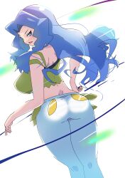 Rule 34 | 1girl, ass, back, backlighting, bare arms, bare shoulders, blue eyes, blue hair, breasts, creatures (company), crop top, game freak, hand on own hip, highres, karen (pokemon), large breasts, light blue hair, long hair, masamu (leonore69), midriff, nintendo, pants, parted bangs, pokemon, pokemon hgss, shirt, solo, spaghetti strap, wavy hair, white pants, yellow shirt