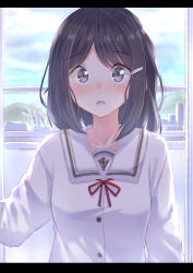 Rule 34 | 1girl, :o, black hair, blue sky, blush, commentary request, grey eyes, hairband, letterboxed, long sleeves, looking at viewer, neck ribbon, original, parted lips, red ribbon, ribbon, sailor collar, school uniform, serafuku, sky, solo, surprised, upper body, white sailor collar, wide-eyed, window, yuki arare