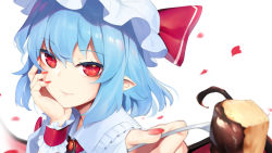 Rule 34 | 1girl, asutora, bat wings, blue hair, closed mouth, commentary request, food, fork, hand on own cheek, hand on own face, hat, holding, holding fork, looking at viewer, mob cap, nail polish, petals, pointy ears, red eyes, red nails, remilia scarlet, short hair, simple background, smile, solo, touhou, upper body, white background, wings, wrist cuffs
