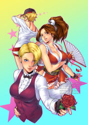 Rule 34 | 3girls, alice garnet nakata, bare shoulders, baseball cap, blonde hair, blue eyes, bow, bowtie, breasts, brown eyes, brown hair, cleavage, closed mouth, collarbone, earrings, hand fan, fatal fury, fingerless gloves, flower, folding fan, from behind, gloves, green eyes, hat, high ponytail, holding, holding hat, japanese clothes, jeanne kongphengta, jewelry, king (snk), large breasts, looking at viewer, looking back, medium breasts, multiple girls, ninja, off-shoulder shirt, off shoulder, pelvic curtain, ponytail, red vest, revealing clothes, rope, rose, shiranui mai, shirt, short hair, simple background, smile, the king of fighters, vest, white shirt