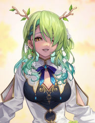 Rule 34 | 1girl, antlers, braid, braided bangs, breasts, ceres fauna, cleavage, earrings, flower, gem, gold trim, gradient hair, green hair, hair flower, hair ornament, hair over one eye, hololive, hololive english, horns, imdrunkontea, jewelry, multicolored hair, simple background, single braid, solo, standing, upper body, virtual youtuber, yellow eyes