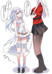 Rule 34 | 2girls, bandages, black footwear, black gloves, black legwear, black skirt, blue eyes, boots, candy, clothes lift, commentary request, crossed arms, dress, dress lift, fathom, food, frilled dress, frills, gangut (kancolle), gloves, head out of frame, hibiki (kancolle), highres, kantai collection, lollipop, long hair, looking up, multiple girls, mummy, pantyhose, pleated skirt, red shirt, shirt, short sleeves, silver hair, skirt, skirt basket, skirt hold, socks, translation request, verniy (kancolle), white dress, white legwear