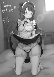 Rule 34 | 1girl, artist name, brown hair, clothes lift, dated, dress, dress lift, female focus, garter belt, garter straps, grey hair, greyscale, highres, it&#039;s our miraculous time (love live!), kneeling, light brown hair, long hair, love live!, love live! school idol festival, love live! school idol festival all stars, love live! school idol project, maid, maid headdress, minami kotori, monochrome, panties, solo, spot color, thighhighs, thighs, underwear, unsfrau