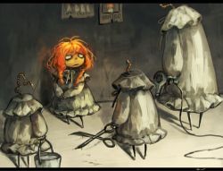 Rule 34 | 1girl, braid, bucket, candle, character request, commentary, dress, glowing, glowing hair, hair dryer, koto inari, letterboxed, long sleeves, orange hair, original, personification, puffy long sleeves, puffy sleeves, scissors, twin braids, wanted, white dress