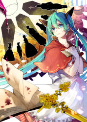 Rule 34 | 1girl, alcohol, bad end night (vocaloid), black ribbon, blood, blue eyes, blue hair, book, capelet, coffin, dress, floating hair, glass, green hair, hair between eyes, hair ribbon, hatsune miku, holding, letter, long hair, multicolored hair, nozaki tsubata, open book, open mouth, ribbon, solo, twintails, two-tone hair, very long hair, vocaloid, white dress, wine