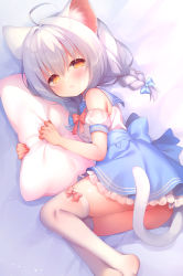 Rule 34 | 1girl, animal ears, ass, bare shoulders, bed sheet, blue bow, blue sailor collar, blue skirt, blush, bow, braid, brown eyes, cat ears, cat girl, cat tail, closed mouth, commentary request, detached sleeves, grey hair, hair between eyes, hair bow, highres, long hair, looking at viewer, lying, no shoes, hugging object, on side, original, pillow, pillow hug, puffy short sleeves, puffy sleeves, red bow, sailor collar, shirt, short sleeves, skirt, sleeveless, sleeveless shirt, solo, tail, thighhighs, twin braids, usashiro mani, white shirt, white sleeves, white thighhighs