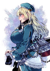 Rule 34 | 10s, 1girl, adjusting clothes, adjusting gloves, atago (kancolle), black pantyhose, blonde hair, blue hat, blush, breasts, gloves, green eyes, grin, hat, highres, kantai collection, large breasts, long hair, mouth hold, pantyhose, putting on gloves, smile, solo, takanashi ringo