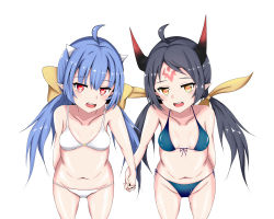 Rule 34 | absurdres, apocalypse ravi (epic seven), bikini, black hair, blue hair, breasts, epic seven, hair ribbon, holding hands, heart, heart-shaped pupils, highres, horns, long hair, ravi (epic seven), red eyes, ribbon, small breasts, swimsuit, symbol-shaped pupils, twintails, yellow eyes