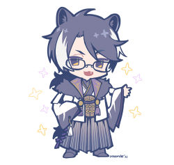 Rule 34 | 1boy, :3, :d, animal ear fluff, animal ears, artist name, black hair, chibi, full body, glasses, holostars, jackal ears, japanese clothes, kageyama shien, looking at viewer, male focus, multicolored hair, ninomae ina&#039;nis (artist), official alternate costume, open mouth, simple background, smile, solo, standing, two-tone hair, virtual youtuber, white background, white hair, wide sleeves