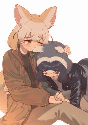 Rule 34 | 2girls, alternate costume, animal ears, beige pants, blonde hair, blush, brown jacket, casual, commentary request, common raccoon (kemono friends), crying, fang, fennec (kemono friends), fox ears, fox girl, fox tail, grey hair, hand on another&#039;s head, heads together, highres, holding hands, jacket, kemono friends, leather, leather jacket, long sleeves, multicolored hair, multiple girls, nakta, one eye closed, open mouth, pants, raccoon ears, raccoon girl, raccoon tail, short hair, tail, tears, white hair