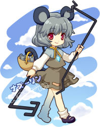 Rule 34 | 1girl, animal ears, basket, cloud, female focus, full body, grey hair, jewelry, lowres, mochiya marosuke, mouse (animal), mouse ears, mouse tail, nazrin, outdoors, pendant, red eyes, short hair, sky, solo, tail, touhou, walking