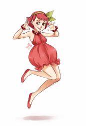 Rule 34 | 1girl, :p, bare arms, bare legs, bare shoulders, bracelet, dress, food, food-themed clothes, fruit, full body, green eyes, hair ribbon, hairband, jewelry, jumping, meago, necklace, original, personification, raspberry, red dress, red hair, ribbon, short hair, signature, simple background, sketch, slippers, solo, tongue, tongue out, white background