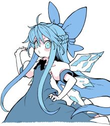 Rule 34 | 1girl, absurdres, alternate hair length, alternate hairstyle, blue bow, blue dress, blue eyes, blue hair, blush, bow, braid, cirno, detached wings, dress, fairy, hair between eyes, hair bow, hand on own hip, highres, ice, ice wings, long hair, morino hon, open mouth, puffy short sleeves, puffy sleeves, short sleeves, simple background, solo, touhou, white background, wings