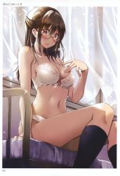 Rule 34 | 1girl, absurdres, arm support, artist name, bare shoulders, bed, bed sheet, bedroom, black socks, blue skirt, blush, breasts, brown eyes, brown hair, cleavage, closed mouth, collarbone, curtains, day, eyelashes, glasses, groin, hair between eyes, hand up, highres, indoors, large breasts, long hair, looking at viewer, medium breasts, midriff, navel, necktie, non-web source, on bed, page number, panties, ponkotsu works, red-framed eyewear, red ribbon, ribbon, ribbon bra, scan, sitting, skirt, socks, solo, stomach, toranoana, underwear, white panties, white ribbon, window