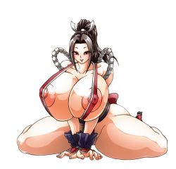 Rule 34 | 1girl, breasts, brown eyes, covered erect nipples, fatal fury, full body, gigantic breasts, highres, kunoichi, long hair, looking at viewer, ponytail, revealing clothes, shiny skin, shiranui mai, simple background, sitting, the king of fighters, thong, wariza, white background, wide hips, wrato