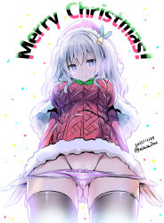 Rule 34 | 10s, 1girl, 2015, akaza, bell, black thighhighs, blue eyes, bow, bow panties, capelet, christmas, dated, from below, hair bell, hair ornament, hat, kantai collection, kashima (kancolle), long hair, looking at viewer, merry christmas, panties, panty pull, pink panties, santa costume, santa hat, silver hair, simple background, smile, solo, striped clothes, striped panties, thighhighs, twitter username, underwear, white background