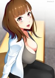 Rule 34 | 1girl, absurdres, bench, blunt bangs, breasts, brown eyes, brown hair, cleavage, cleavage cutout, clothing cutout, commentary request, from above, highres, jacket, long hair, long sleeves, looking at viewer, mattari yufi, medium breasts, open mouth, original, pencil skirt, sitting, skirt, smile, solo, twitter username, white jacket