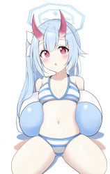 Rule 34 | 1girl, :o, absurdres, ball, bare arms, bare shoulders, beachball, bikini, blue archive, blue hair, blush, breasts, chise (blue archive), chise (swimsuit) (blue archive), collarbone, commentary request, full body, hair between eyes, halo, highres, horns, k12040707, looking at viewer, navel, oni, oni horns, parted lips, red eyes, shadow, side ponytail, simple background, small breasts, solo, striped bikini, striped clothes, swimsuit, white background