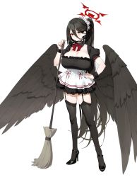 Rule 34 | 1girl, absurdres, apron, black choker, black dress, black footwear, black hair, black thighhighs, black wings, blue archive, blush, breasts, broom, choker, cleavage, closed mouth, dress, feathered wings, full body, garter straps, hair ornament, hair scrunchie, halo, hasumi (blue archive), high heels, highres, holding, holding broom, huge breasts, large breasts, long hair, looking at viewer, low wings, mochirong, mole, mole under eye, ponytail, puffy short sleeves, puffy sleeves, red eyes, scrunchie, short sleeves, simple background, solo, standing, thighhighs, very long hair, waist apron, white apron, white background, wings