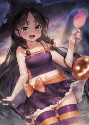 Rule 34 | 1girl, basket, black hair, black hat, black skirt, blush, brown eyes, candy, collarbone, cowboy shot, fang, food, halloween, halloween costume, hat, holding, holding candy, holding food, holding lollipop, kantai collection, lollipop, long hair, navel, nisshin (kancolle), open mouth, sidelocks, skirt, smile, solo, striped clothes, striped thighhighs, thighhighs, toka (marchlizard), very long hair, witch hat